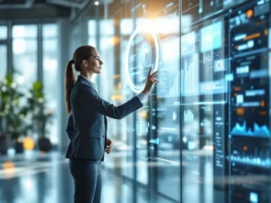 Ammattihenkilö käyttää Pipedrive CRM -paneelia modernissa toimistossa, edustaen e-IT:n teknologista innovaatio-osaamista.