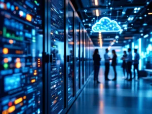 IT-ympäristö: modernit palvelimet, monimuotoinen tiimi, digitaalinen kartta ja pilvilaskenta. Väreinä sininen, harmaa ja vihreä.
