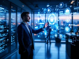 Vilkas logistiikkakeskus Helsingissä: IT-ammattilainen hologrammin edessä, taustalla modernit laitteet ja Helsingin siluetti.