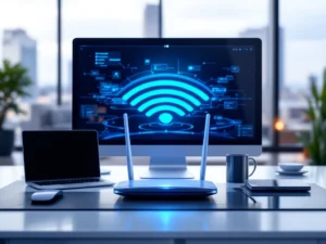 Moderni toimisto, jossa laitteet yhdistyvät futuristiseen, sinistä valoa hohtavaan reitittimeen; taustalla kaupunkinäkymä.