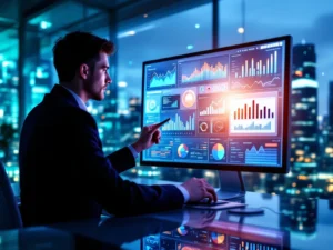 Ammattilainen tutkii Pipedrive CRM -kojelautaa modernissa toimistossa, taustalla futuristinen kaupunkimaisema, sävyinä sininen ja vihreä.
