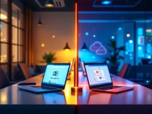 Photorealistinen kuva modernista toimistosta: vasemmalla Microsoft 365, oikealla Google Workspace, taustalla IT-ratkaisujen elementtejä.