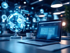Nykyaikainen toimisto: kannettava tietokone Pipedrive CRM:llä, digitaalinen maapallo, kahvikuppi, muistilehtiö; innovaatio ja luotettavuus.