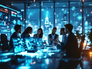 Moderni toimisto, IT-tiimi keskustelee korkean teknologian keskellä. Futuristinen kaupunkinäkymä taustalla, symboloi IT-innovaatiota.