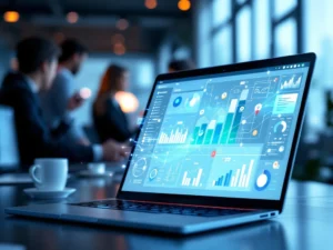 Nykyaikainen toimisto, jossa kannettava tietokone näyttää Pipedrive CRM -kojelautaa. Taustalla tiimi työskentelee yhdessä.