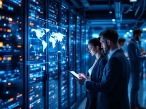 Moderni toimisto Espoossa: IT-ammattilaiset työskentelevät serverihuoneessa, jossa on sinisiä LED-valoja, korostaen teknologiaa ja yhteistyötä.