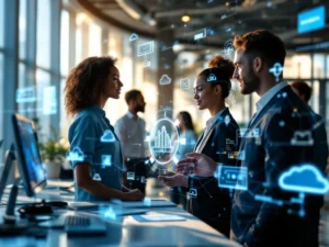 Moderni toimisto ja monimuotoinen tiimi holografisen näytön äärellä, kuvaten Microsoft co-pilot -teknologiaa ja e-IT:n IT-ratkaisuosaamista.