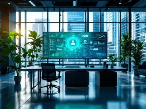 Moderni toimistotila, suuri näyttö esittelee Pipedrive CRM:n. Viileät siniset ja vihreät sävyt korostavat innovaatiota ja luottamusta.