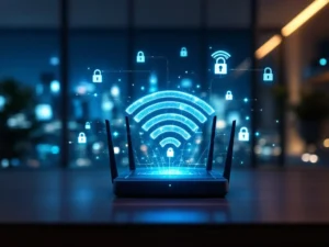 Moderni toimisto, etualalla loistava Wi-Fi-reititin ja verkon symbolit, taustalla futuristinen kaupunkinäkymä. Teemat: turvallisuus, yhteys.