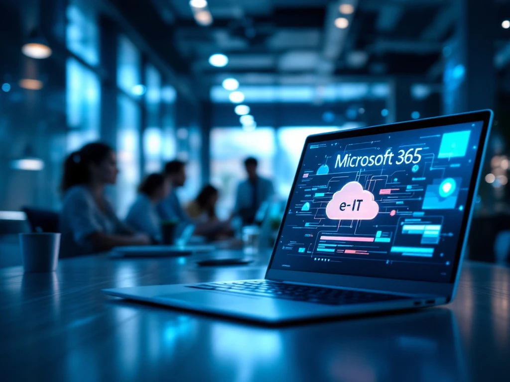 Moderni toimistoympäristö: Microsoft 365 näytöllä, monimuotoinen tiimi yhteistyössä, pilviteknologia ja tietoturva; e-IT:n IT-ratkaisut.