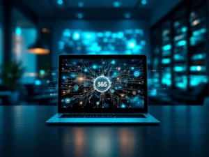 Moderni toimistoympäristö, jossa kannettava tietokone esittää Microsoft 365:n integraation. Siniset ja vihreät sävyt kuvaavat luottamusta.