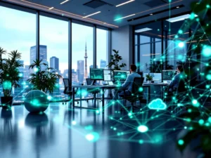Moderni toimisto Espoossa: IT-ratkaisut energia-alan yrityksille, viestii kestävyydestä, innovaatioista ja kansainvälisestä verkottumisesta.