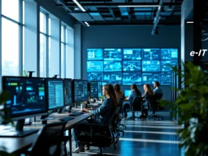 Moderni toimisto Tampereella: IT-ammattilaiset kokouksessa, teknologiaa ja minimalistista suomalaista muotoilua.