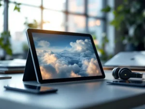 Moderni toimistotila: tabletilla auki Microsoft 365, ympärillä laitteita. Taustalla pilvikuvio, värit sininen, harmaa, vihreä.