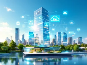 Moderni Vantaan kaupunkikuva: futuristinen toimistorakennus, vihreät tilat ja holografiset IT-elementit symboloivat e-IT:n palveluita.