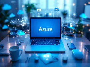 Moderni työtila, jossa kannettava tietokone näyttää Azure-logon. Ympärillä pilvikuvakkeet ja turvalukot, kuvastaen IT-innovaatiota.