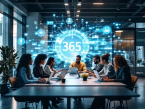 Monitoiminen tiimi työskentelee yhdessä modernissa toimistossa, korostaen Microsoft 365:n roolia liiketoiminnan tehostamisessa.