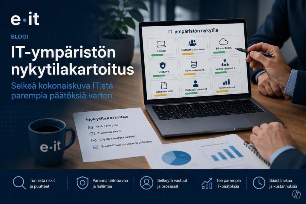 PK-yrityksen IT-ympäristön nykytilakartoitus, jossa arvioidaan laitteita, Microsoft 365 -ympäristöä, käyttöoikeuksia ja tietoturvaa