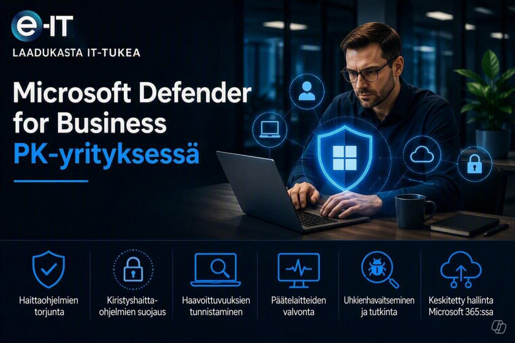 Microsoft Defender for Business -ratkaisua esittelevä hero-kuva, jossa näkyy päätelaitesuojaus, uhkien havaitseminen ja tietoturvan keskitetty hallinta PK-yrityksessä.